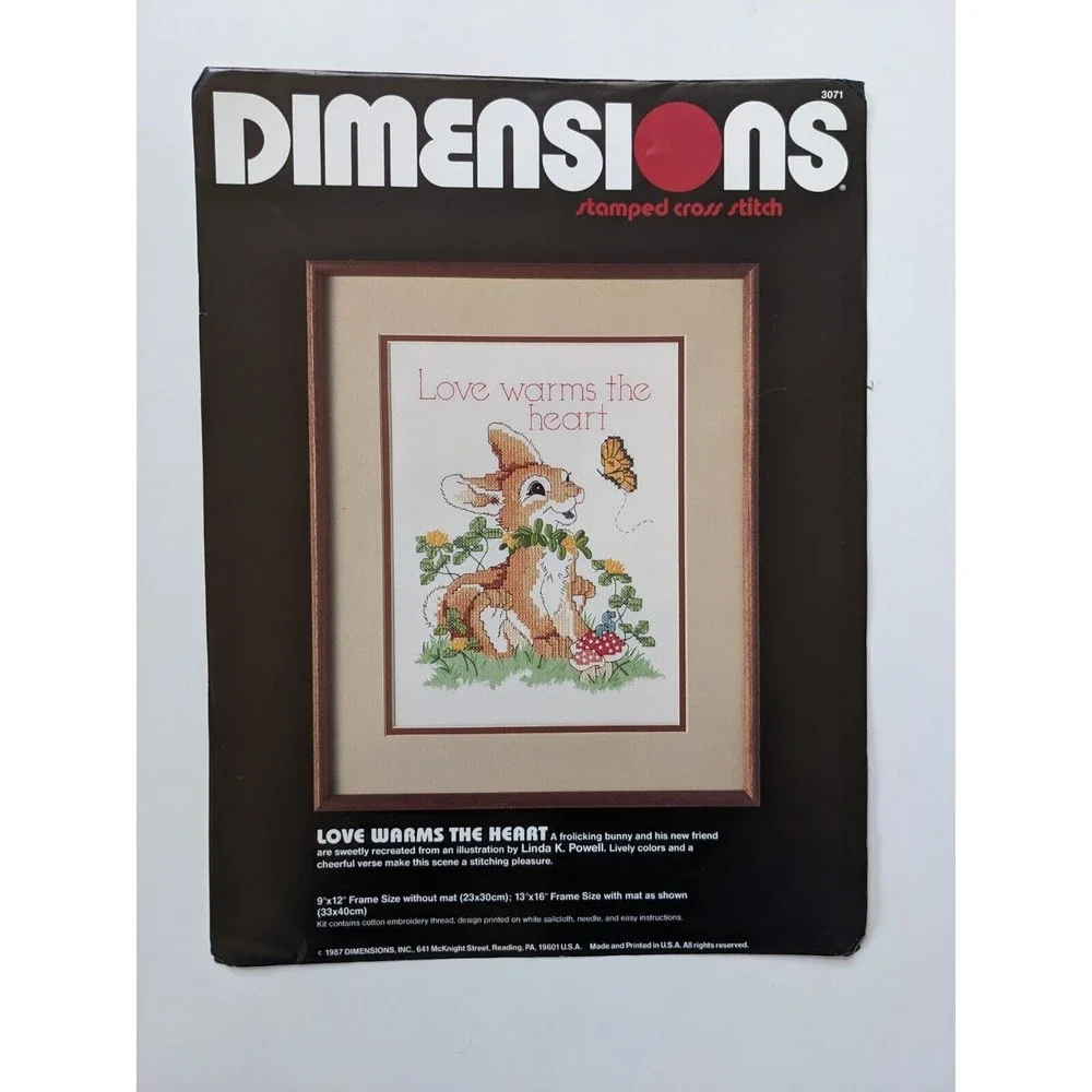 Vintage Stamped Cross Stitch Kit Love Warms the Heart Rabbit Butterfly‎ Mushroom